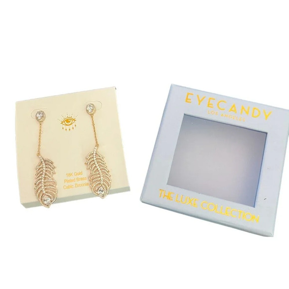 Eye Candy Los Angeles 18K Gold Plated CZ Peacock Feather Drop Earrings - Picture 2 of 6